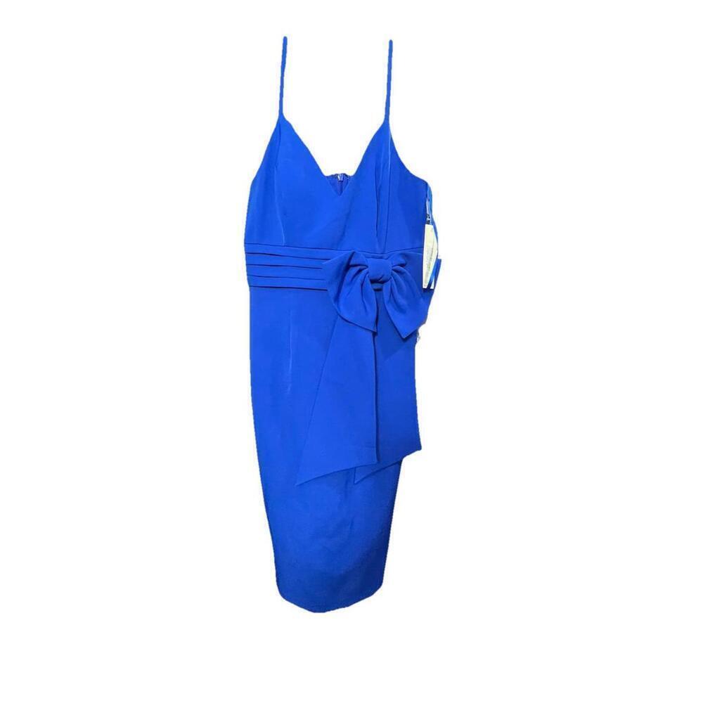 NWT Eliza J Women's Blue Lined V Neck Bow-Trim Midi Sheath Dress Size 4